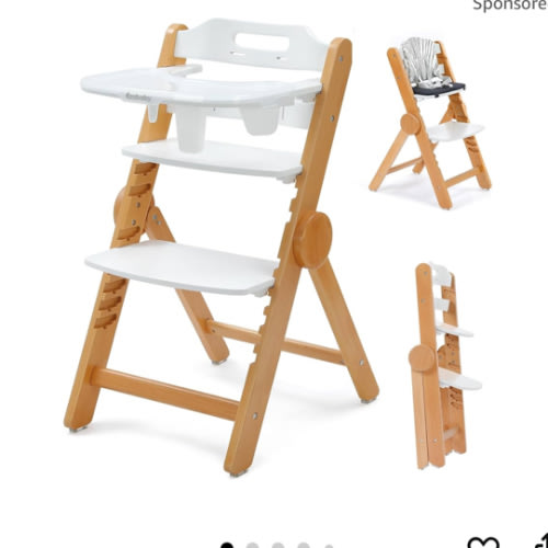 Ezebaby Wooden High Chair Grow with Your Child, Foldable Baby High Chairs with Adjustable Seat and Footrest Heights, High Chair for Babies and Toddlers with Cushion and Large Double Layer Tray(White)
