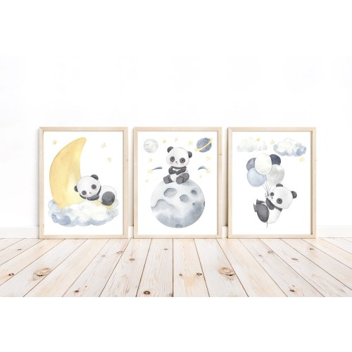 Watercolor Panda Moon Stars and Balloons Blue Gender-Neutral Nursery Decor Set of 3 Unframed Prints Toddler Space Theme