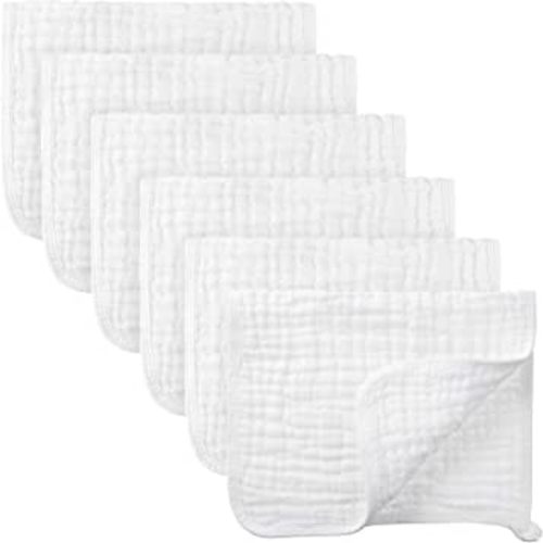 Irenare 6 Pieces Large 20 x 10 Inch Muslin Burp Cloths Multi-Colors Muslin Washcloths Baby Burping Cloth Diapers 6 Absorbent Layers Muslin Face Towels for Baby (White)