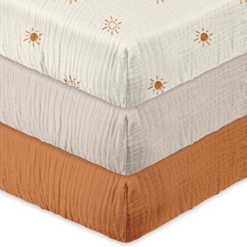 Gllquen Baby Muslin N Play Cotton Mini Crib Fitted Sheets 3 Pack Soft Cozy for Baby Boy Girls, Rising