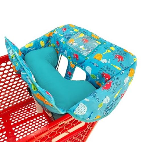Love&go Soft Pillow Attached 2-in-1 Shopping Cart and High Chair Cover for Baby~Padded~Fold'n Roll Style~Portable with Free Carry Bag (Blue Seaworld)
