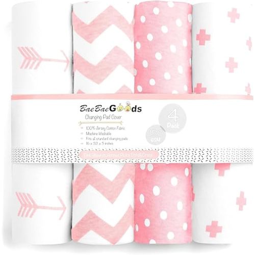 Changing Pad Cover – Baby Changing Pad Covers 4 Pack – Girls Changing Pad Cover Set – Pure Cotton Machine Washable Pink and White Changing Table Cover – Diaper Changing Pad Cover Sheets
