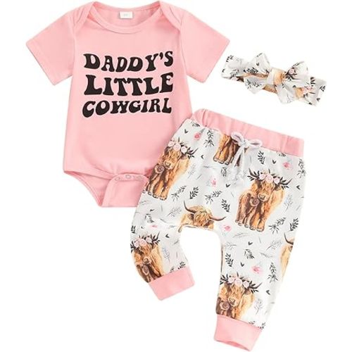 Karuedoo Newborn Baby Girl Western Outfits Letter Print Short Sleeve Romper Highland Cow Long Pants Headband 3Pcs Clothes Set