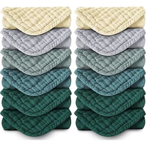 Muslin Burp Cloths 100% Cotton Large 20''x10'' Extra Soft and Absorbent Baby Wash Cloths Spit Up Rags - Baby Burping Cloth for Boys Girls Items(12 Pack Ivory, Slate and Emerald Series)