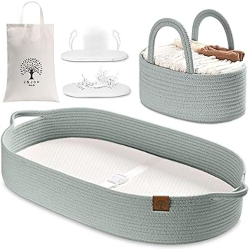 J&JOO Baby Changing Basket with Wipeable Waterproof Cover, Portable, Foldable Changing Pad for Dresser, Changing Table Topper, Living Room Changing Pad - Sage Green - Caddy Set / Dual-Cover