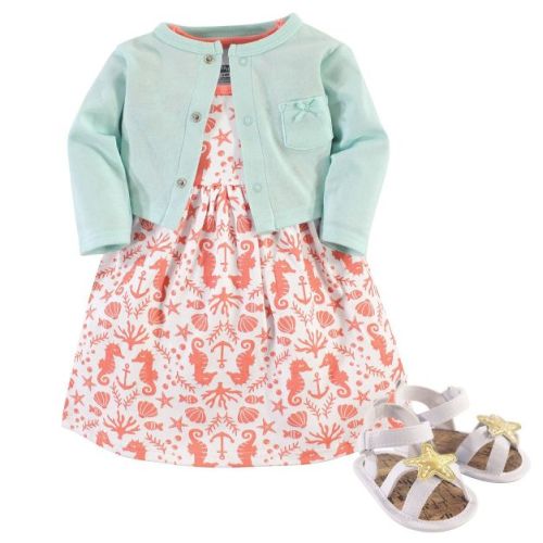 Hudson Baby Infant Girl Cotton Dress, Cardigan and Shoe 3pc Set, Sea, 3-6 Months