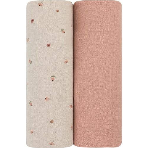 Ely's & Co. Muslin Swaddle Blanket 2-Pack — 100% Cotton Muslin Extra-Large Swaddle Blankets (47” x 47”) Solid + Printed (Pink Garden Flower)