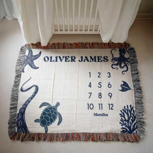 Ocean Baby Milestone Blanket, Under the Sea Monthly Blanket, Personalized Name Woven Blanket, Nautical Nursery Decor, Baby Shower Gift