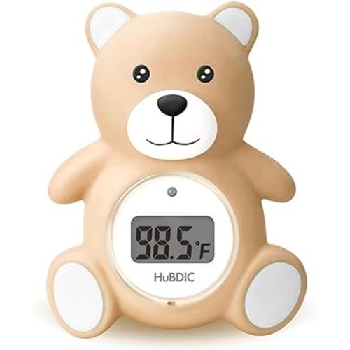 HubiBaby Baby Bath Thermometer & Digital Room Temperature, 2in1 Kids Bathroom Safety Products with Temperature Warning, Floating Teddy Bear (Khaki)