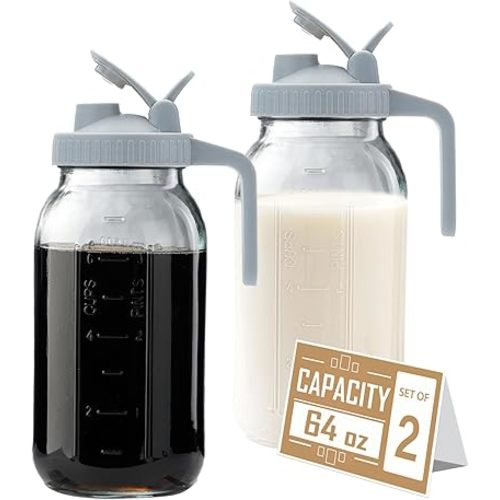 64oz Glass Pitcher with Lid - 2 Quart Mason Jar Pitcher with Spout, Leak-proof Milk Container for Refrigerator, Easy to Clean Wide Mouth Water Jug, Juice, Tea, Iced Coffee, Beverage and Drinks