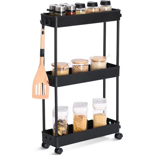 TOOLF Slim Rolling Storage Cart, 3 Tier Utility Cart on Wheels with Hooks, Bathroom Rolling Cart Organizer, Thin Mobile Shelving Unit for Laundry Kitchen Dorm for Nursery Diaper Craft Snack, Black