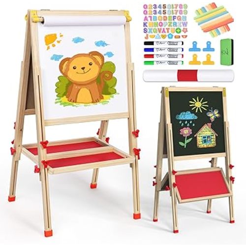 Joyooss Art Easel for Kids Easel, Foldable Toddler Easel for Painting Double Sided Whiteboard & Chalkboard, Standing Drawing Board with Paper Roll Children Easel for Kids Ages 2-4 4-8 8-12
