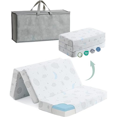 Trifold Pack and Play Mattress Pad 38x26'' Breathable Soft Plush Memory Foam for Baby Toddler Travel Includes Carry Bag Removable Washable Cover Fits Play Pen Playard Mini Crib Pack n Play Mattress