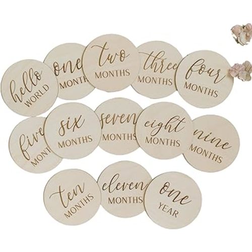 Baby Monthly Milestone Marker Discs, Newborn Photo Props, Baby Growth and Pregnancy Growth Cards, 0-12 Months, Gender-Neutral Gift, Classic Cursive Script Wooden Discs