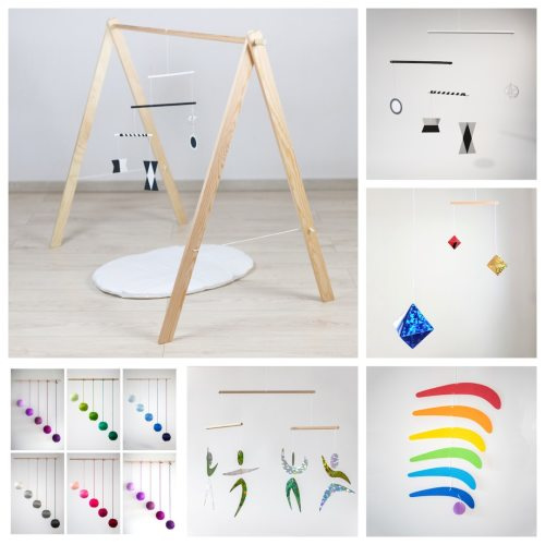 Set of 5 x Montessori mobile with sturdy gym / holder - Munari, Gobbi, Dancers, Octahedron, Rainbow, Nursery hanging mobile, giostrine