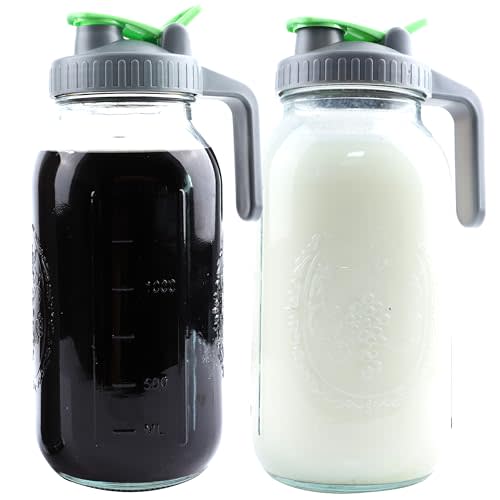 Mason Jars Pitcher Half Gallon (2 Set) Glass Breastmilk Formula Pitcher For Fridge 2 Quart Wide Mouth Jugs With Top Flip Cap & Pour Spout For Cold Coffee, Sun Tea Airtight Storage & Leakproof 64 Oz