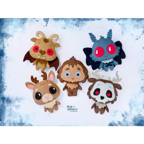 Baby Cryptid creatures felt toy sewing PDF and SVG patterns, Bigfoot, Mothman, Jersey Devil, Wendigo, Jackalope, Halloween plush toy