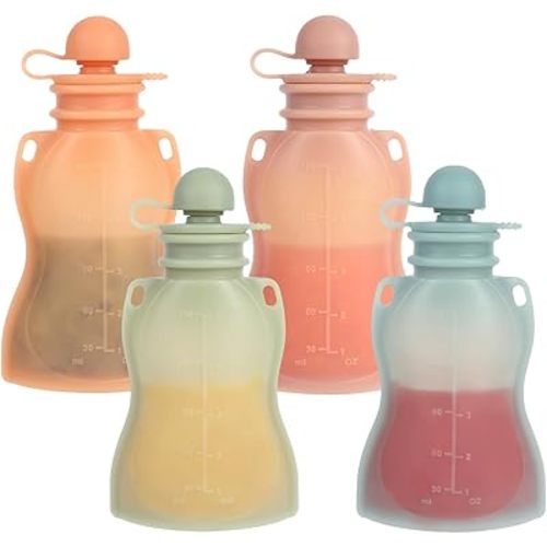 Reusable Baby Food Pouches with Straws, 4 Pack Refillable Silicone Squeezable Pouch for Kids Toddlers, BPA Free, Baby Food Storage Containers for Make Homemade, 5 oz