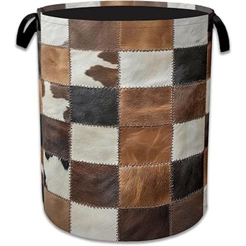 Retro Cows Print Laundry Basket,Foldable Waterproof Oxford Cloth Tote Bag Cowhide Brown Funny Laundry Hamper with Handles,20.8"x16" Clothes Storage Bucket Organizer for Laundry Room, Bathroom, Bedroom