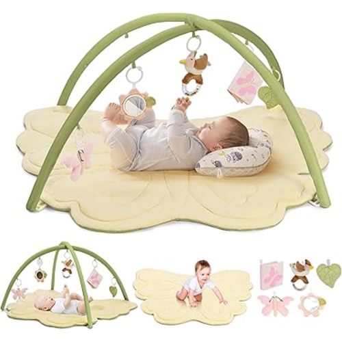 2PM SPORTS Green Butterfly Theme Baby Play Mat, Tummy Time Mat for Infant Newborn, Baby Play Gym Mat for Girl 0-6 6-12 Months, Activity Gym 5 Detachable Toys for Motor Skills & Sensory Development
