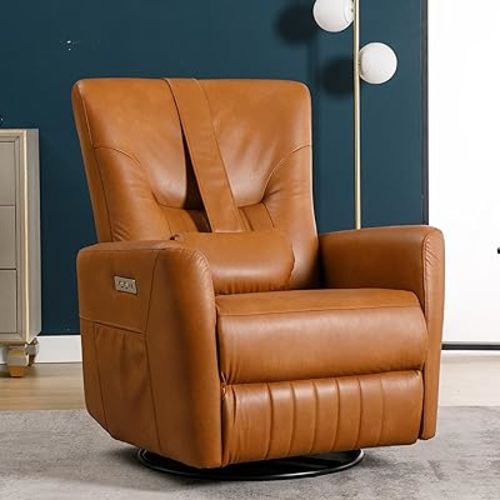Power Swivel Glider Recliner Chair with Lumbar and Neck Support Pillow, Heavy Duty Motion Mechanism with USB and Type-C-Brown
