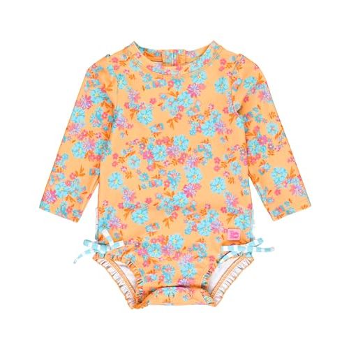 RuffleButts Baby Girls UPF 50+ Sun Protection Floral Printed Long Sleeve One Piece Rash Guard Swimsuit with Zipper