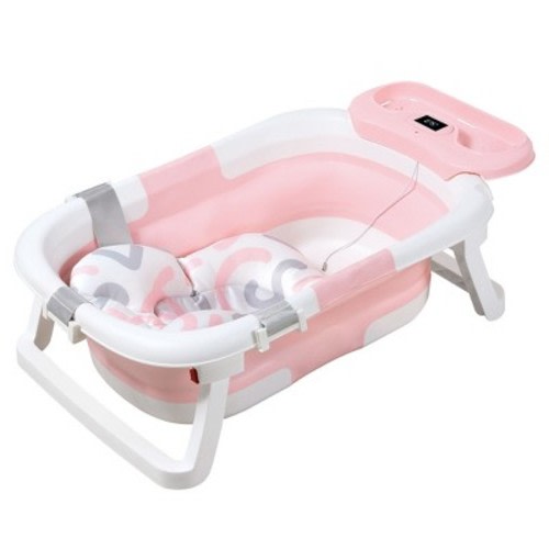 BabyBond Collapsible Baby Bathtub for Infant to Toddler, Portable Baby Bath Tub with Soft Cushion & Thermometer, Pink