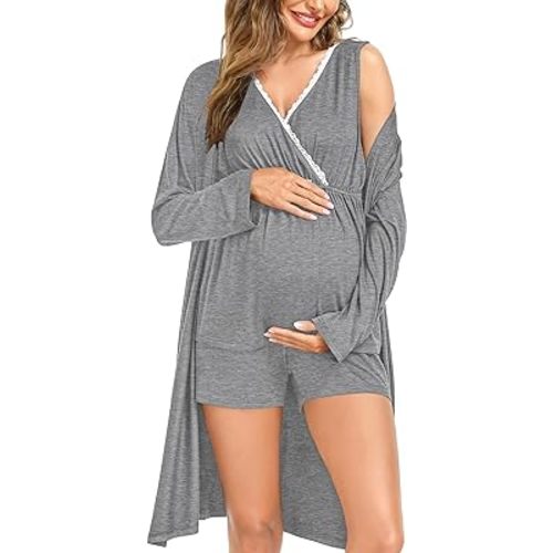 SWOMOG Maternity Nursing Robe Set 3 Piece Postpartum Breastfeeding Pajamas 3 in 1 Hospital Labor Delivery Pregnancy Pjs