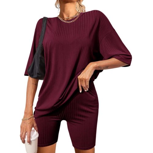 Ekouaer Pajamas 2 Piece Lounge Sets Ribbed Knit Matching Outfits T-shirt Biker Shorts Sleepwear Loungewear Sweatsuits