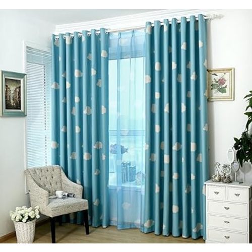GYROHOME Blue and White Cloud Curtain Grommet Top Thermal Insulated Room Darkening Engery Saving Drape Noise Reducing No Formaldehyde, 2 Panel (54" W x 63" L)
