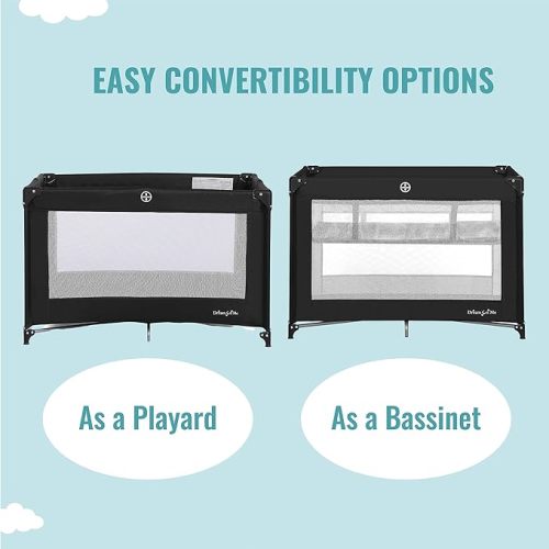 Zazzy Portable Playard with Bassinet in Black, Lightweight Packable and Easy Setup Baby Playard with Mattress and Travel Bag