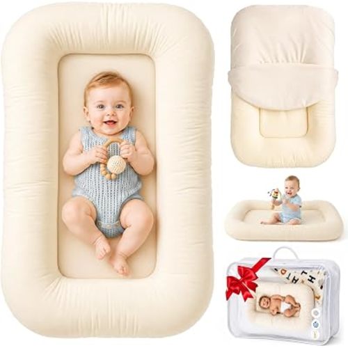 Infant Support Cushion & Baby Support Cushion for Newborn 0-24 Months, Breathable Cotton Pad, Supervised Use, Portable Infant Essentials for Travel and Home, Light Beige (Cover Included