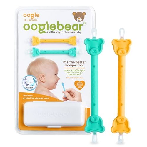 oogiebear - Nose and Ear Gadget. Safe, Easy Nasal Booger and Ear Cleaner for Newborns and Infants. Dual Earwax and Snot Remover - 2 Pack with Case - Orange and Seafoam