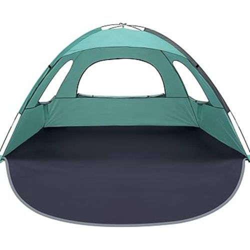 WhiteFang Beach Tent Anti-UV Portable Sun Shade Shelter for 3/4/6/8 Person, Extendable Floor with 3 Ventilating Mesh Windows Plus Carrying Bag, Stakes and Guy Lines