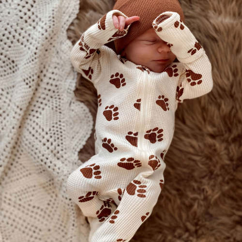 Organic Waffle Basic Zip Footie, Bear Paw