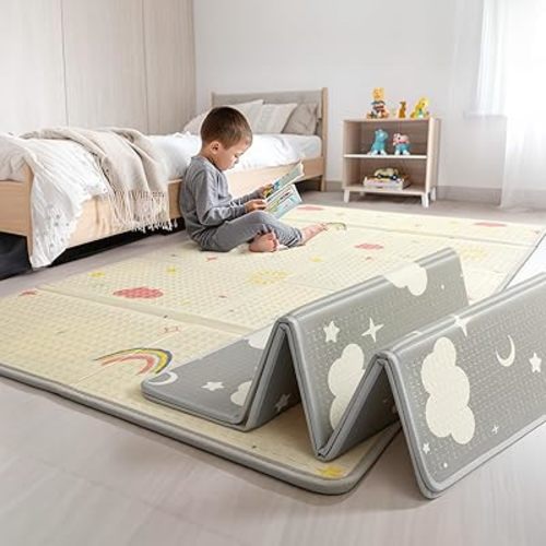 Extra Large Foldable Play Mat, Reversible Baby Play Mat with Edge Reinforcement, Non-Toxic & Waterproof Baby Mat for Floor, Foam Playmat for Infants Toddlers, Rainbow, Cloud & Moon, 47''x71''