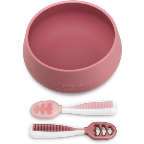 NumNum Suction Bowl + Pre-Spoon GOOtensils Self Feeding Set for Babies & Toddlers | Baby Spoon Set (Stage 1+ 2) | 100% Food Grade Silicone BPA-Free | Strong Suction | 4 months+ (Mauve)