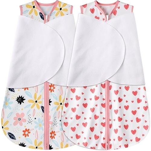 Newborn Sleep Sack Baby Swaddle,3-6 Months,3-Way Adjustable Wearable Blanket,100% Rayon Cotton Swaddling sleeping bag，TOG 0.5（Heart&Floral）