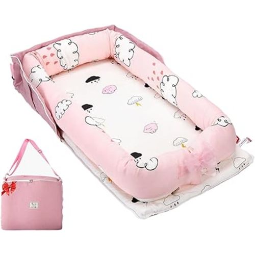 Baby Lounger for Newborns & Infants 0–24 Months, 100% Cotton Breathable Infant Support Cushion with Adjustable Size, Portable Baby Nest for Home and Travel, Baby Shower Gift (Rain Cloud)