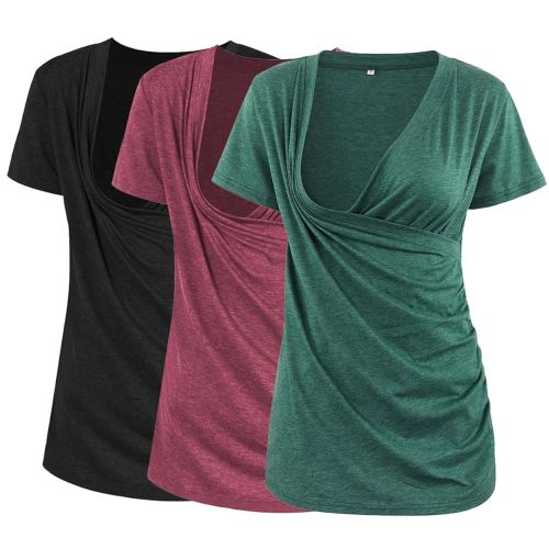 Liu & Qu Women's Maternity Nursing Tops, Layered Wrap for Breastfeeding, V-Neck Short Sleeve Tee Shirts 3 Packs