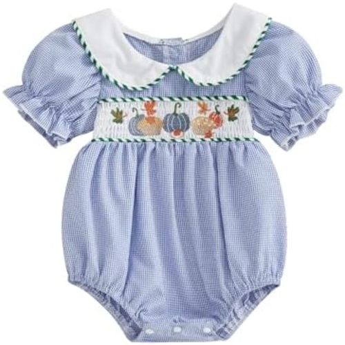 Infant Baby Girl Summer Outfits Pumpkin Plaid Short Sleeve Romper Smocked Bodysuit Halloween Clothes