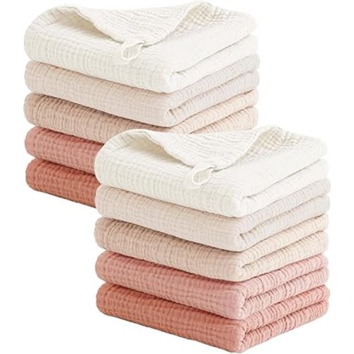 Konssy Baby Muslin Washcloths 10 Pack -100% Cotton Baby Bath Washcloths, Soft Baby Wash Cloths and Absorbent for Newborn Kids Girls and Boys, 11x11 inches