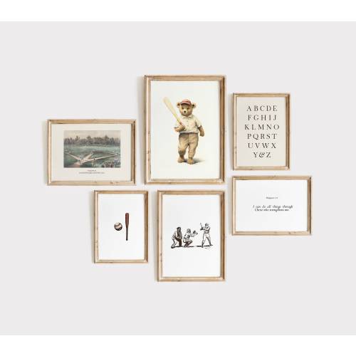 Vintage Boys Nursery Bible verse Gallery Wall of 6 Bundle, Sports Playroom wall art, baby shower gift, Baseball kids room decor, teddy bear