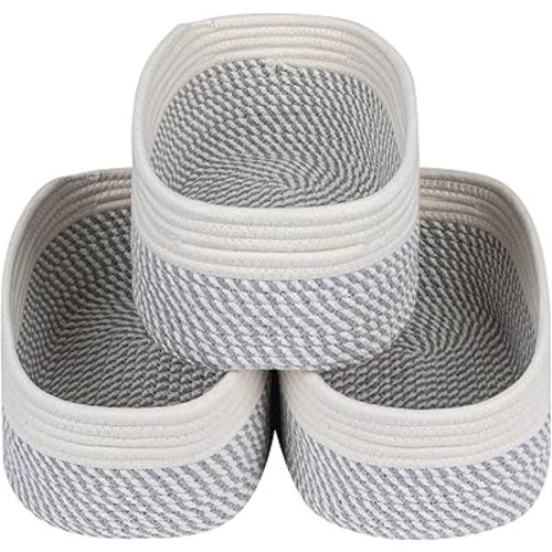 CubesLand Small Baskets, Storage Baskets for Organizing Shelves, Rectangular Woven Storage Basket Natural Cotton Rope Bins Closet Baby Nursery Empty Gifts Basket Off White/Mixed Gray