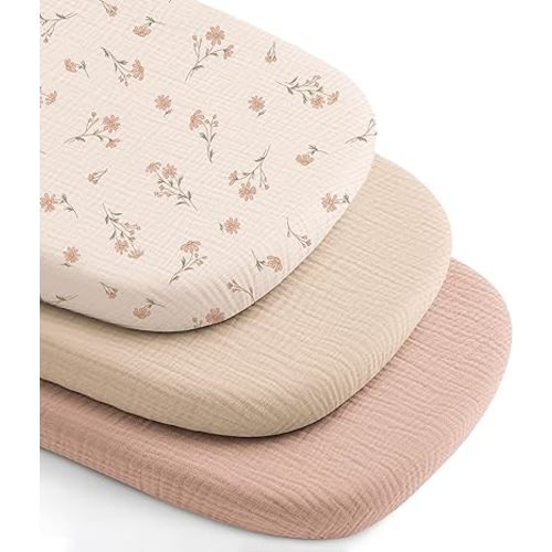 Niceye Muslin Baby Bassinet Sheets 3-Pack 100% Cotton (33" x 21") Bedside Sleeper Bassinet Fitted Sheets for Rectangle Mattresses, Unisex for Baby Girl/Boy（Pink）