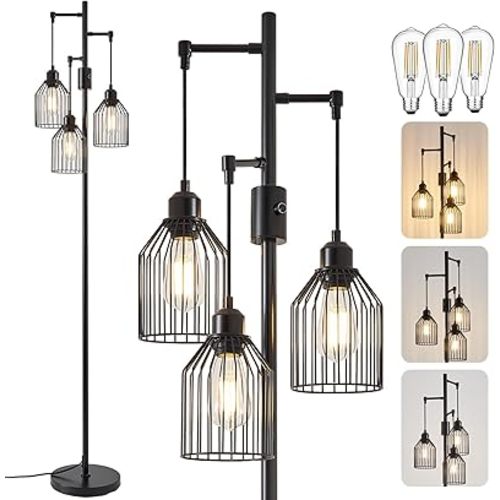 Dimmable Floor Lamp for Living Room, Farmhouse Floor Lamps with Elegant Hanging Cage, 3 x LED Edison Bulbs Included, 68.5" Industrial Standing Light for Bedroom Office Home Decor (Black)