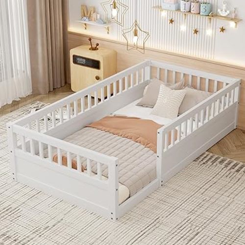 Floor Bed for Kids, Twin Size Montessori Bed with High Fence Railings, Wood Playhouse Bed with Rails for Baby Boys Girls Teens, No Slats Included, White