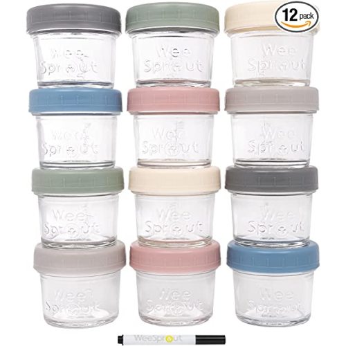 WeeSprout Glass Baby Food Storage Jars - 12 Set, 4 oz Baby Food Jars with Lids, Freezer Storage, Reusable Small Glass Baby Food Containers, Microwave & Dishwasher Friendly, for Infants & Babies - Matte Variety - 4 oz (Plastic Lids + Embossed Glass)