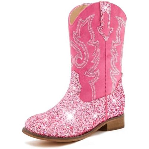 Girls Cowgirl Boots Unisex-Child Mid Calf Glitter Toddler Cowboy Boot Little Big Kids Western Riding Shoes