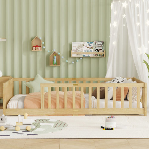 Harriet Bee Kolia Twin Kids Rubberwood Floor Platforms Bed With Fence | Wayfair